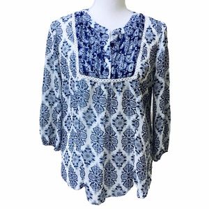 Umgee Blue Print Peasant Top Size Small